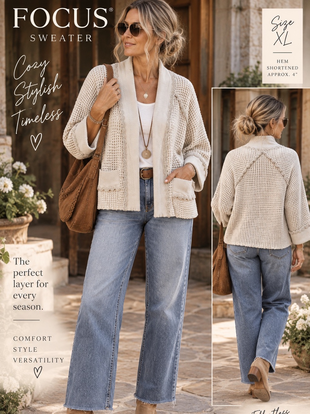 Open-Front Waffle Knit Cardigan in Cream with Scallop Trim Size XL